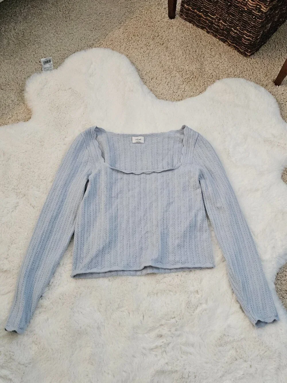 Aritzia Wilfred baby blue waffle top with square scalloped neckline in XL